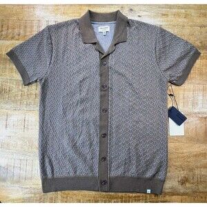 Precedent Men’s Knit Shirt Medium Taupe Geometric Textured Button Front NWT
